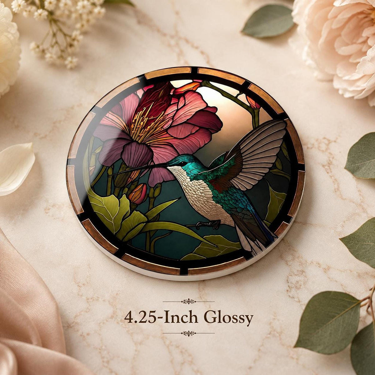 Hummingbird Coaster, Colorful Ceramic Drink Mat with Floral Design