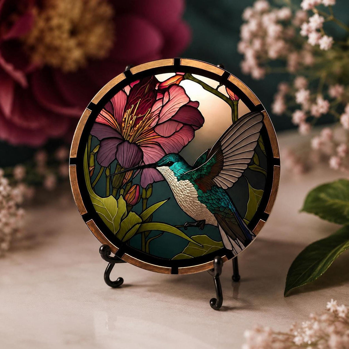 Hummingbird Coaster, Colorful Ceramic Drink Mat with Floral Design