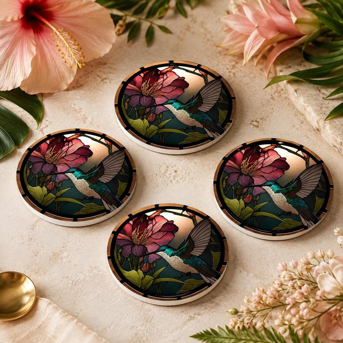 Hummingbird Coaster, Colorful Ceramic Drink Mat with Floral Design