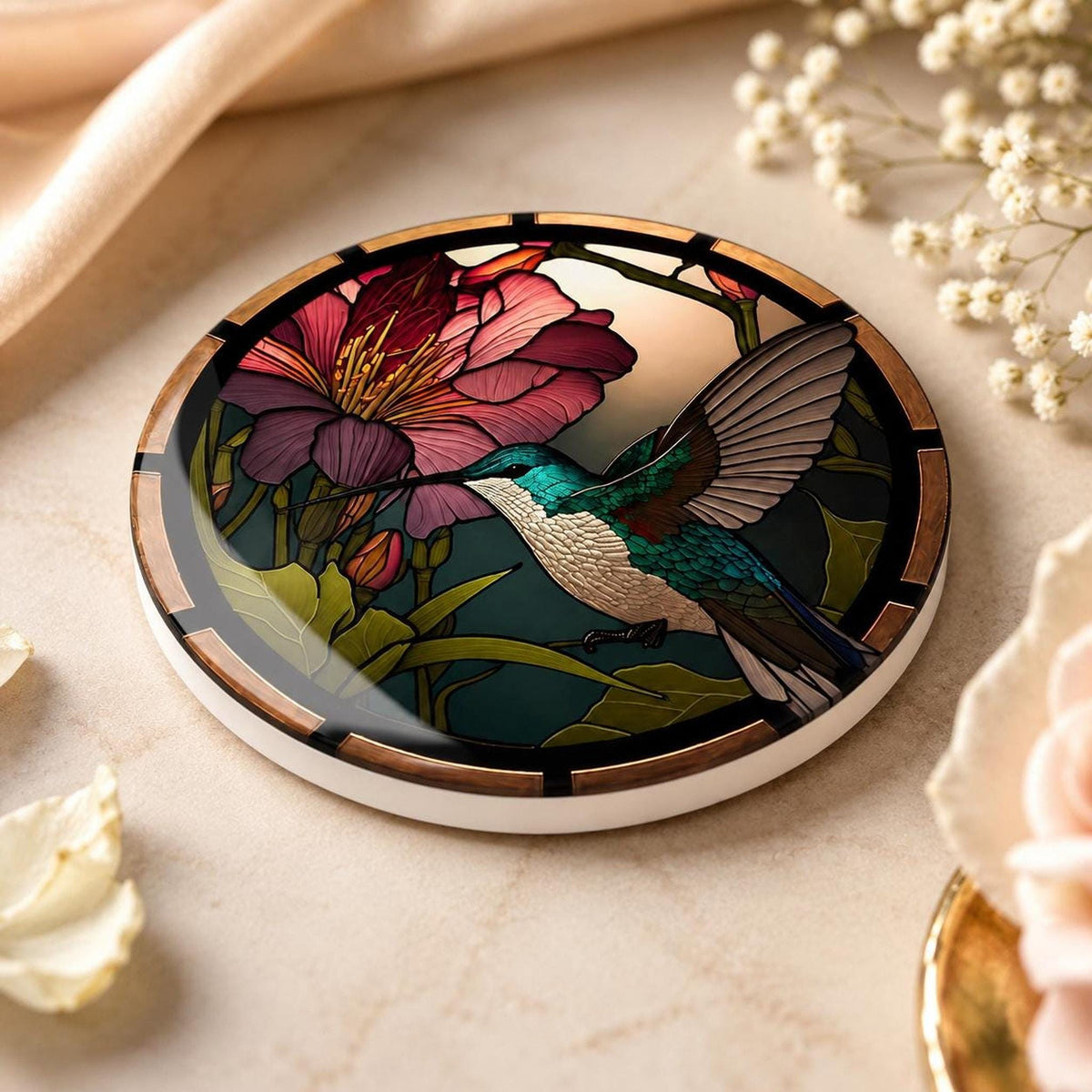 Hummingbird Coaster, Colorful Ceramic Drink Mat with Floral Design