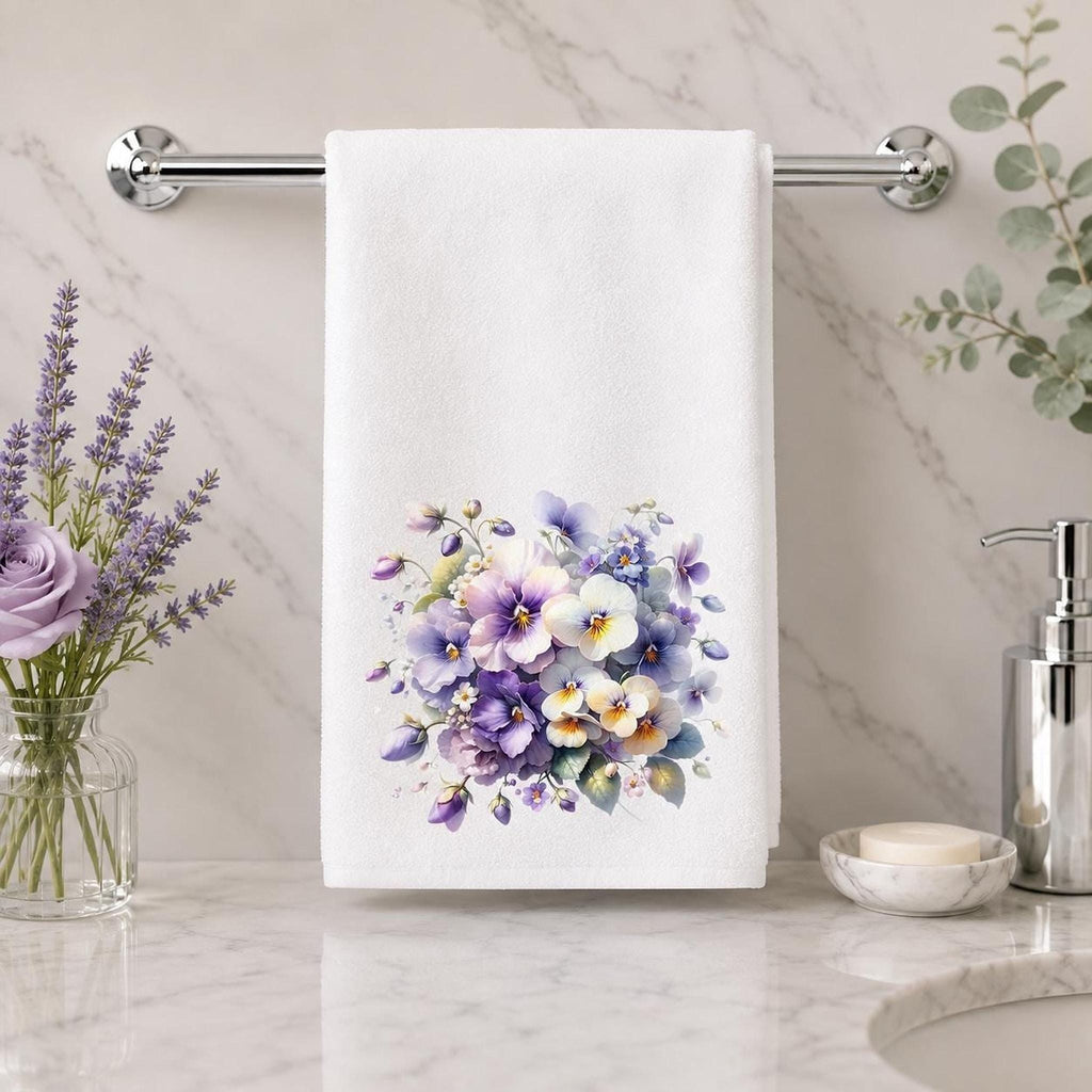 Pansy Hand Towel, Floral Bathroom Decor with Sublimation Design