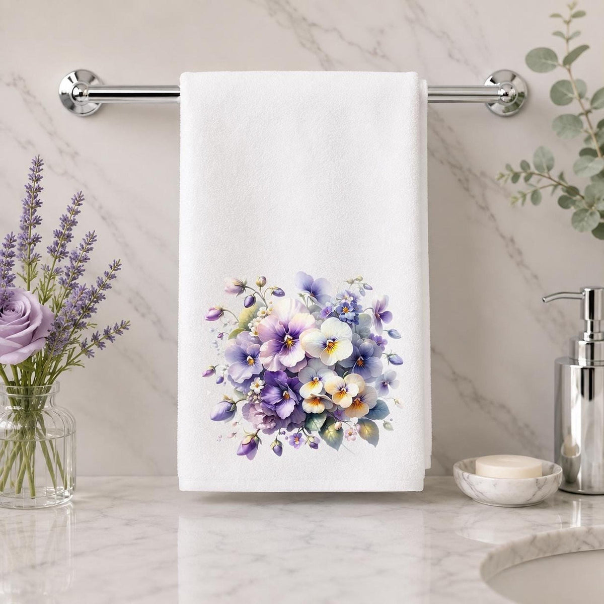 Pansy Hand Towel, Floral Bathroom Decor with Sublimation Design