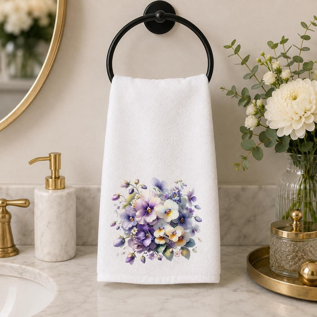Pansy Hand Towel, Floral Bathroom Decor with Sublimation Design