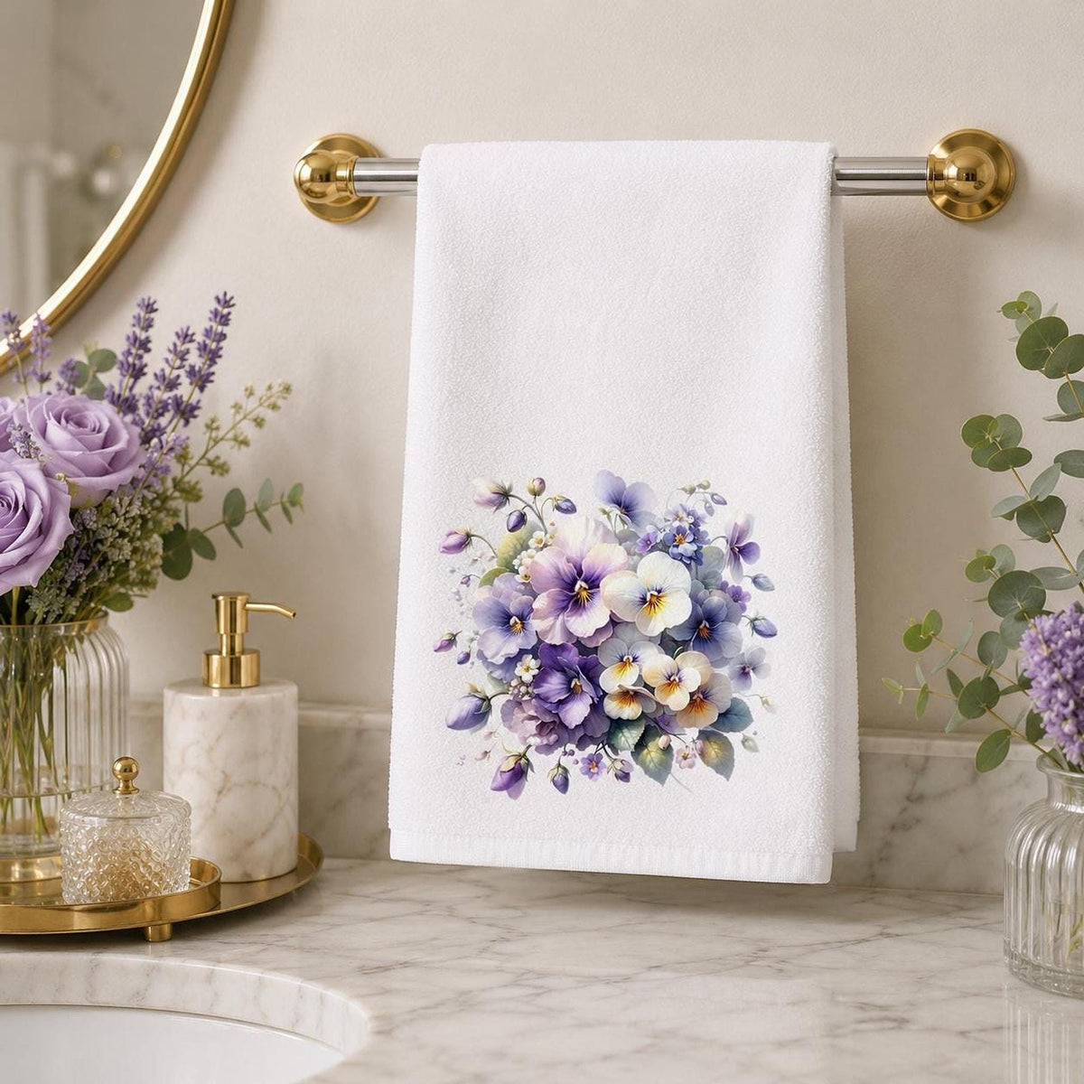 Pansy Hand Towel, Floral Bathroom Decor with Sublimation Design