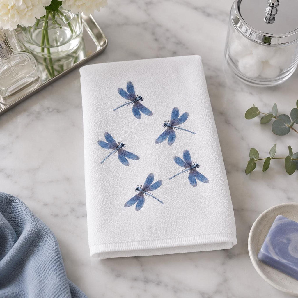 Dragonfly Hand Towel, Blue Watercolor Design on Soft White Fabric