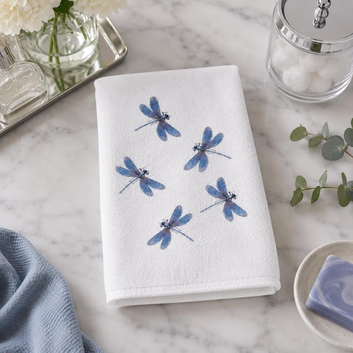 Dragonfly Hand Towel, Blue Watercolor Design on Soft White Fabric