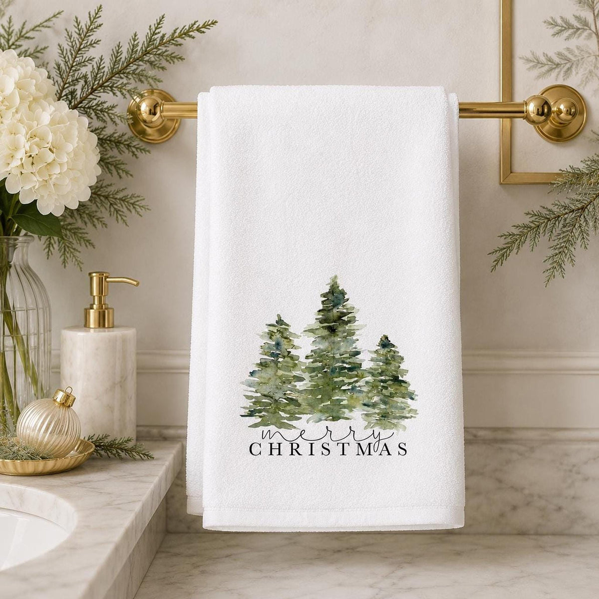 Tree Hand Towel, Merry Christmas Design with Watercolor Evergreens