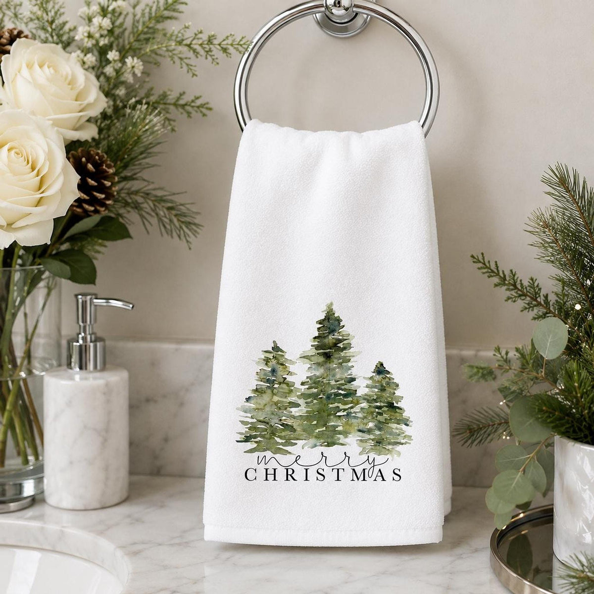 Tree Hand Towel, Merry Christmas Design with Watercolor Evergreens