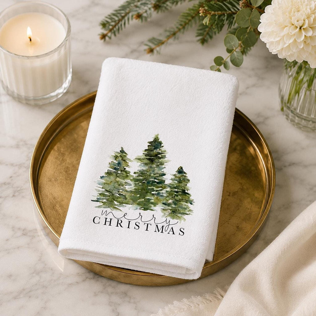 Tree Hand Towel, Merry Christmas Design with Watercolor Evergreens