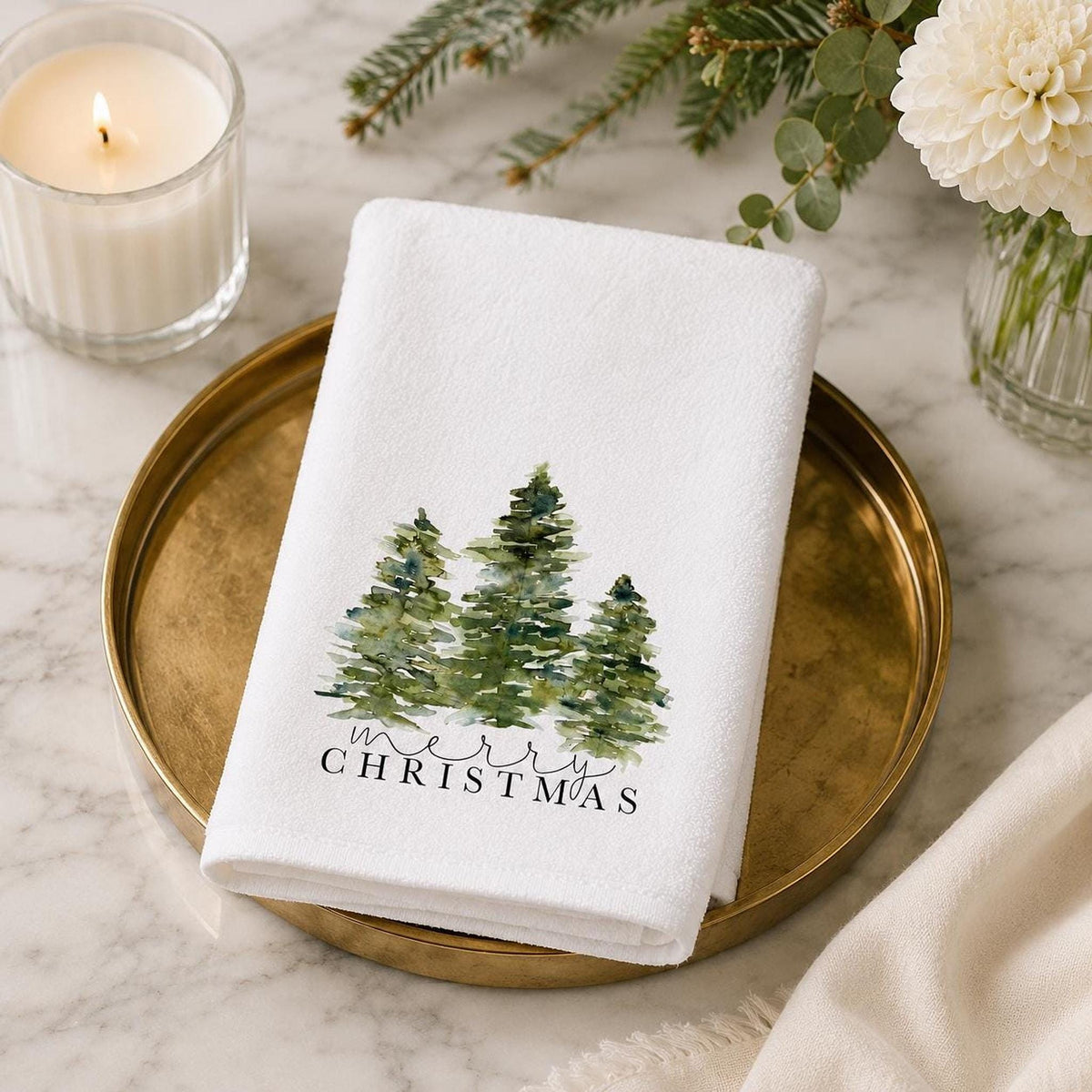 Tree Hand Towel, Merry Christmas Design with Watercolor Evergreens