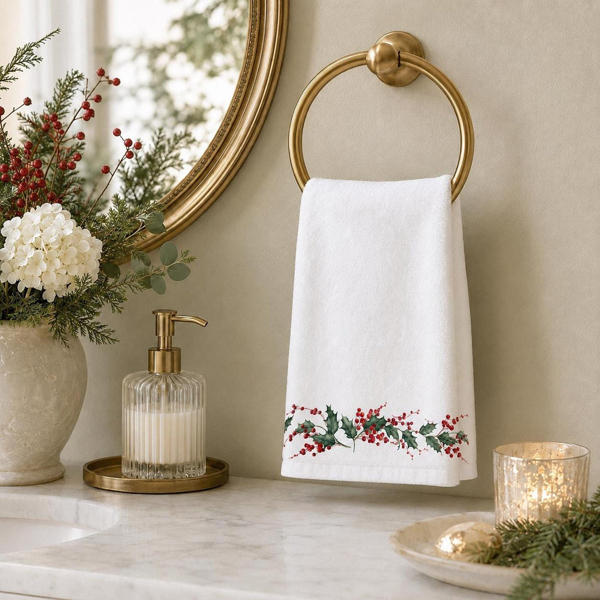 Christmas Towels with Holly Border, Elegant Fingertip for Holiday Decor
