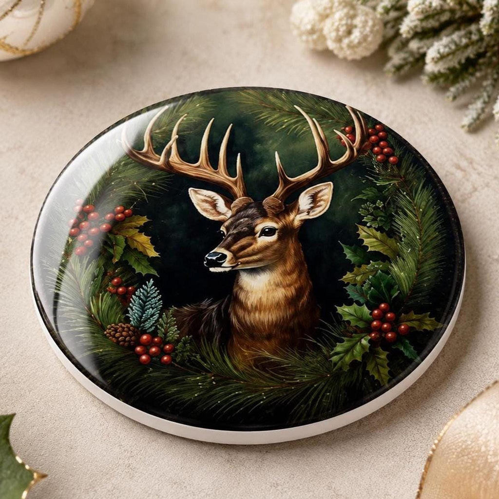 Holiday Deer Coaster, Ceramic Christmas Desk Decor with Cork Backing