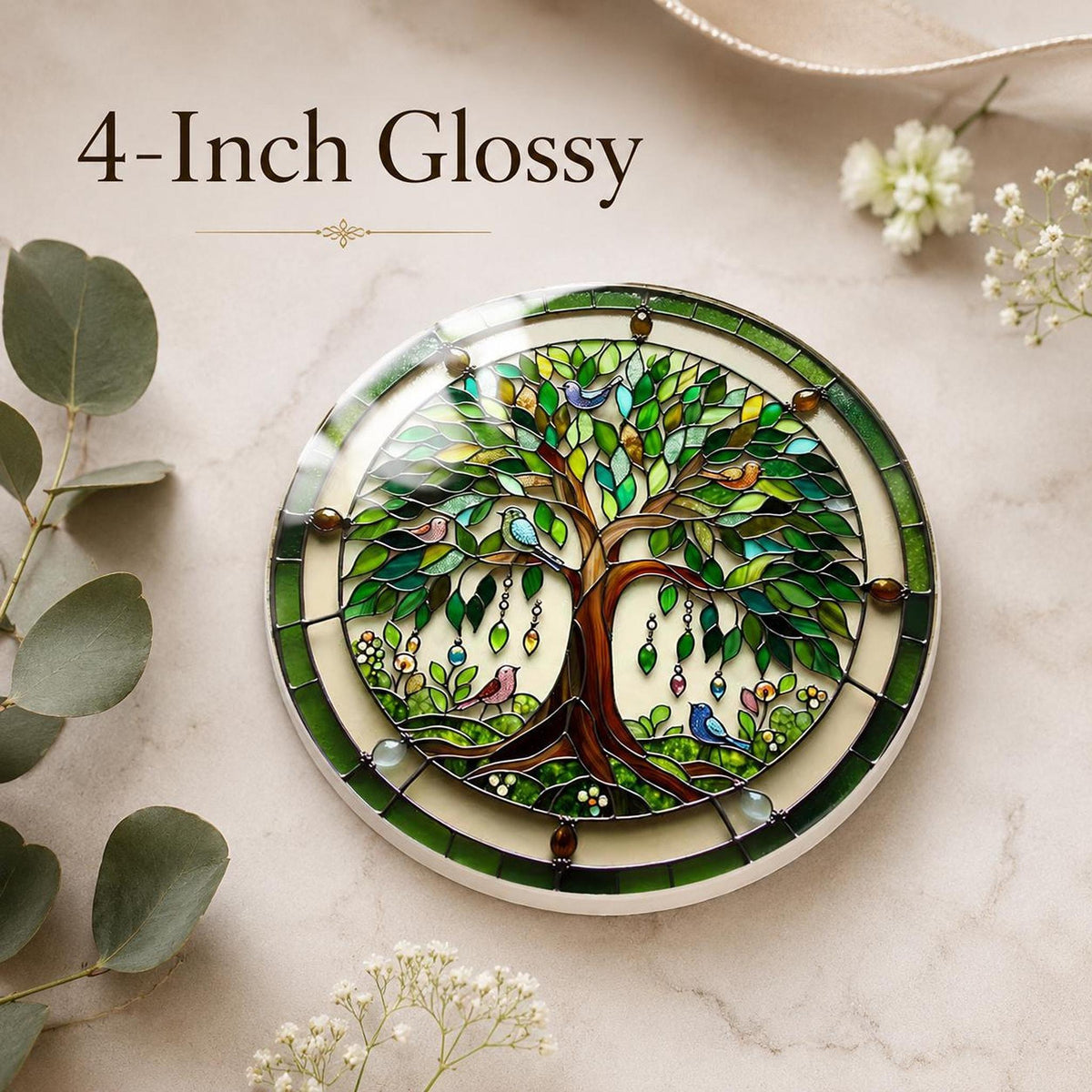 Tree Of Life Ceramic Coaster, Botanical Bird Design with Glossy or Matte Finish