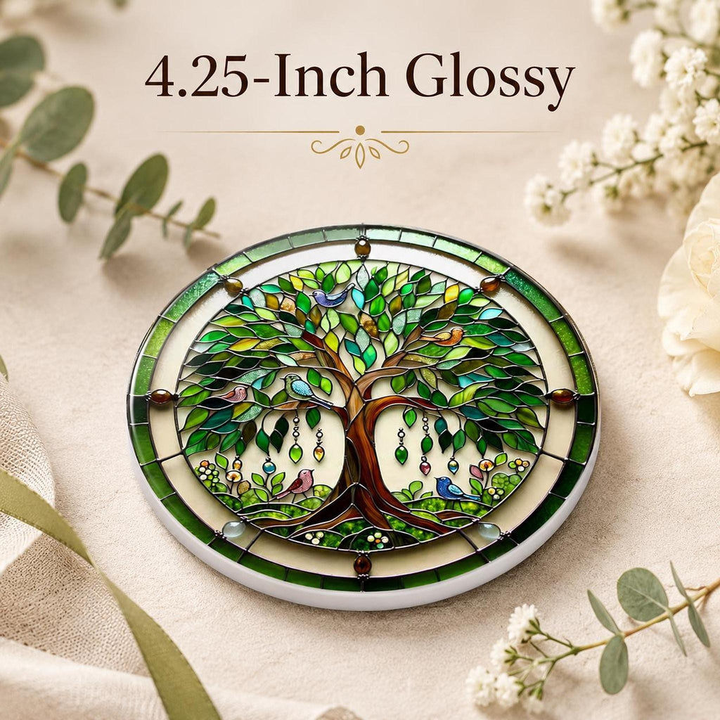 Tree Of Life Ceramic Coaster, Botanical Bird Design with Glossy or Matte Finish