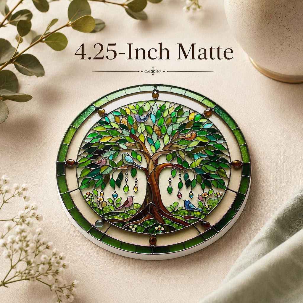 Tree Of Life Ceramic Coaster, Botanical Bird Design with Glossy or Matte Finish