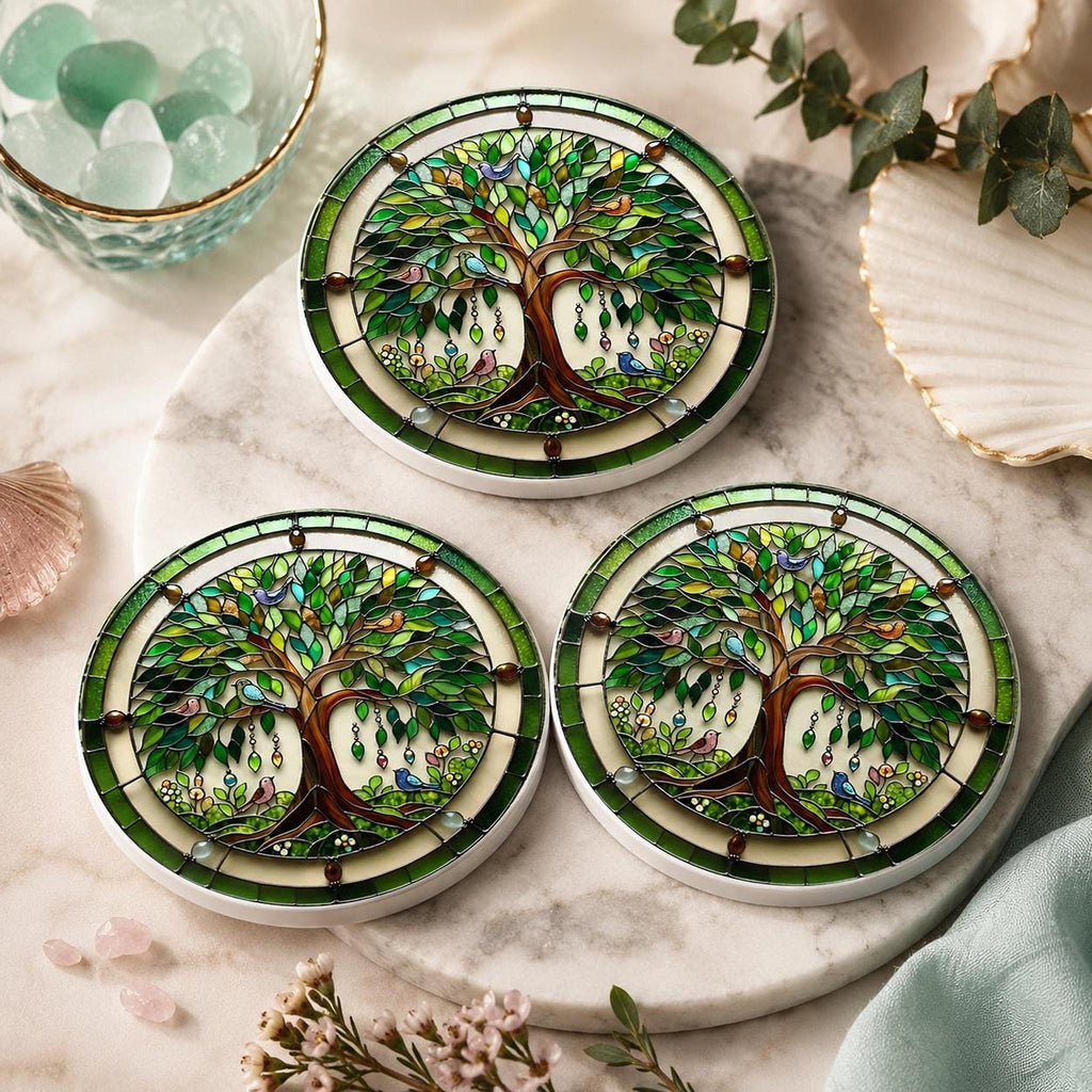 Tree Of Life Ceramic Coaster, Botanical Bird Design with Glossy or Matte Finish