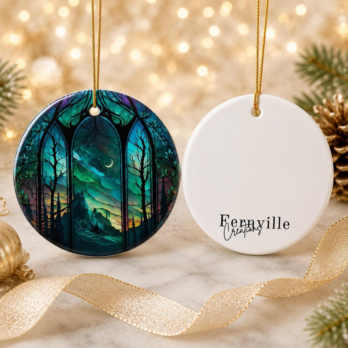Aurora Ornament, Northern Lights Ceramic Keepsake with Mountain Design