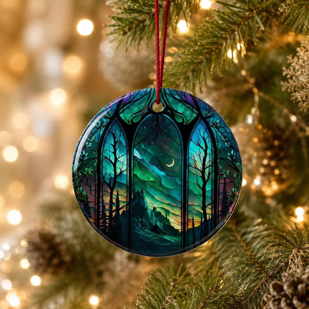Aurora Ornament, Northern Lights Ceramic Keepsake with Mountain Design