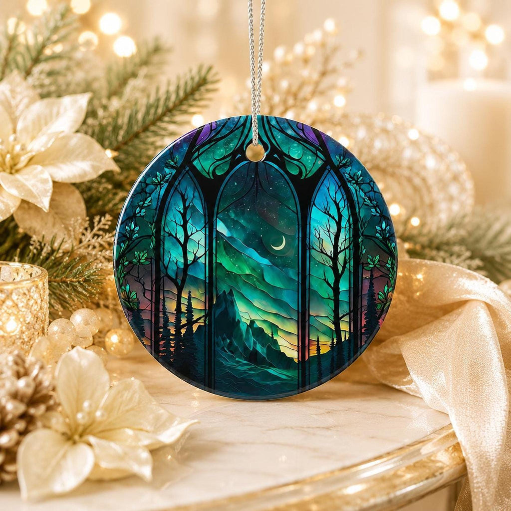 Aurora Ornament, Northern Lights Ceramic Keepsake with Mountain Design