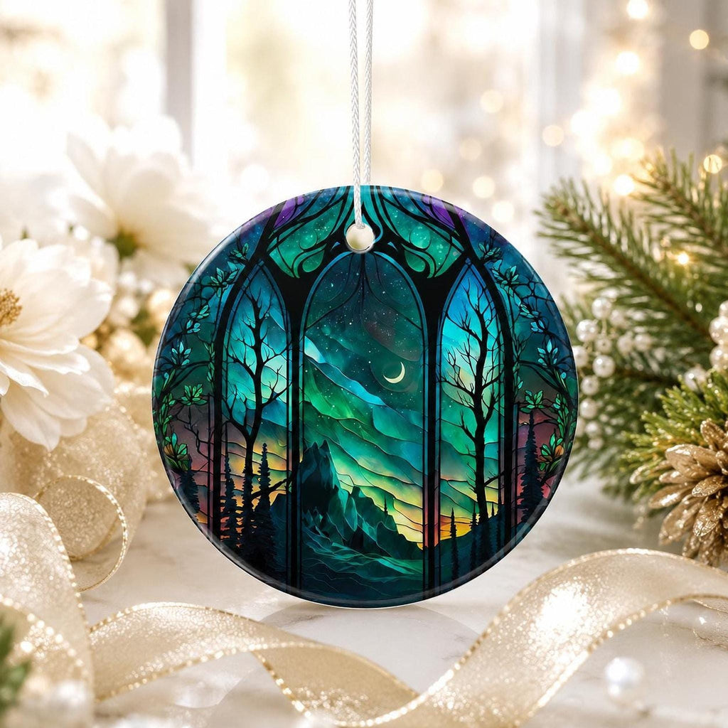 Aurora Ornament, Northern Lights Ceramic Keepsake with Mountain Design