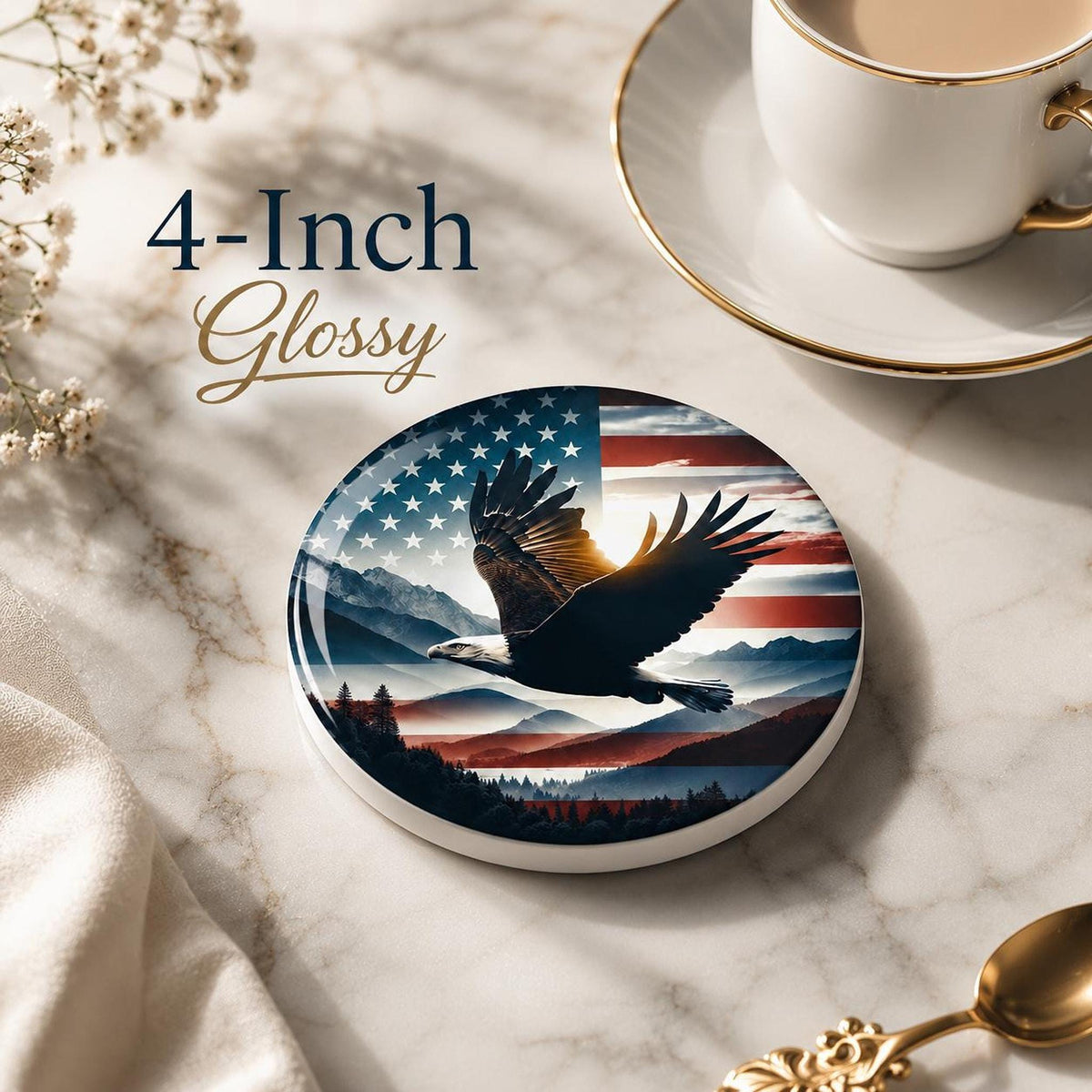 Patriotic Coaster with Eagle Design, American Flag Ceramic Drink