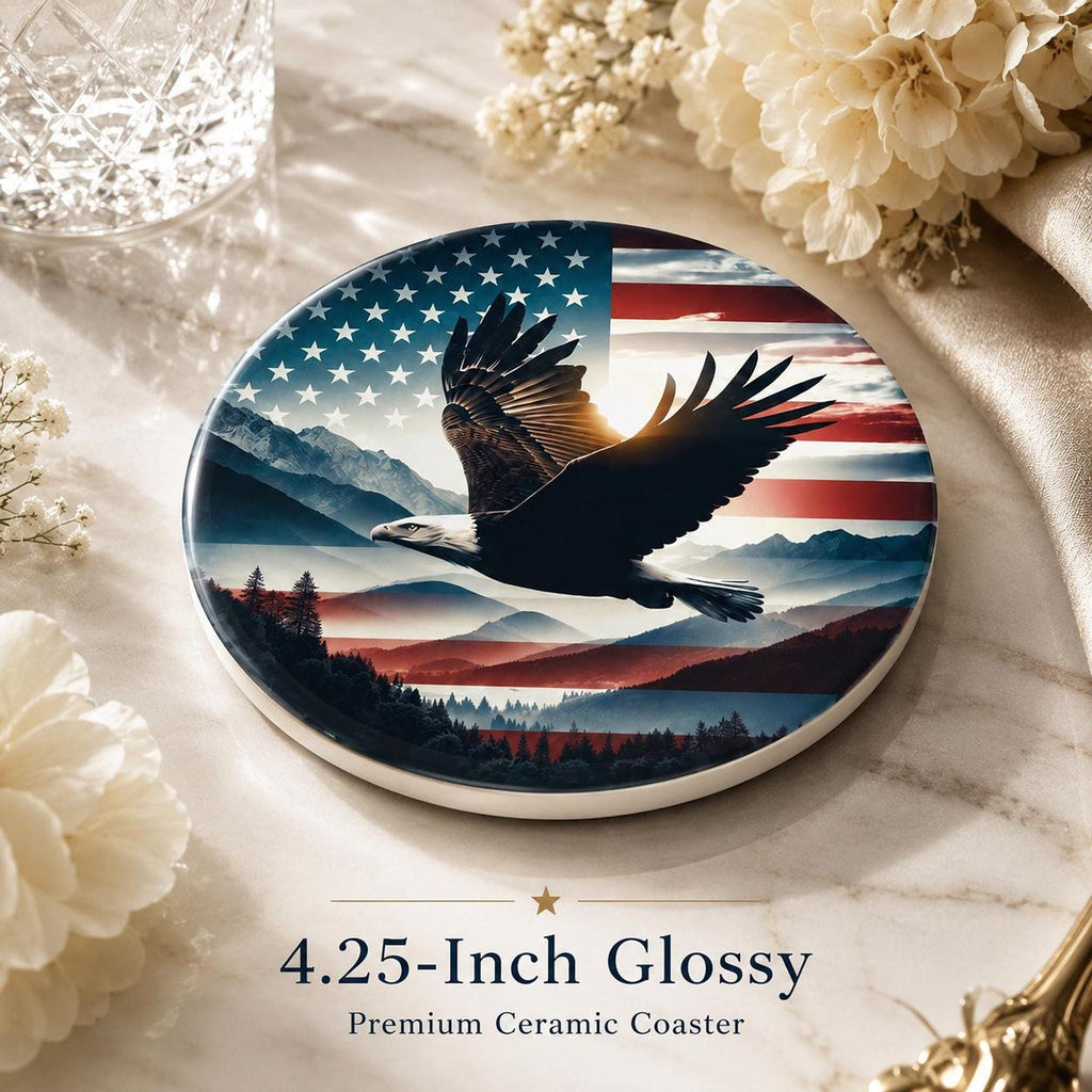 Patriotic Coaster with Eagle Design, American Flag Ceramic Drink