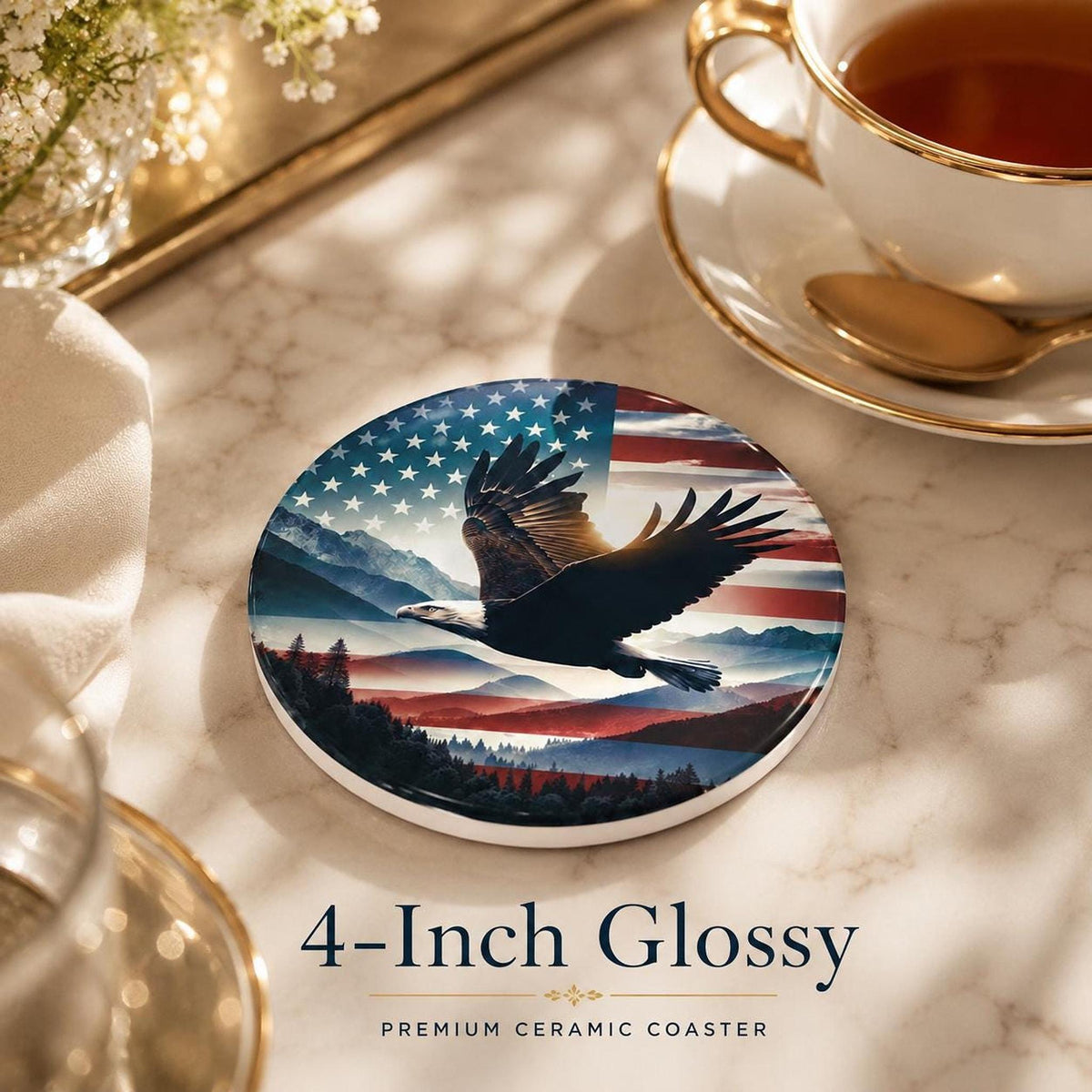 Patriotic Coaster with Eagle Design, American Flag Ceramic Drink
