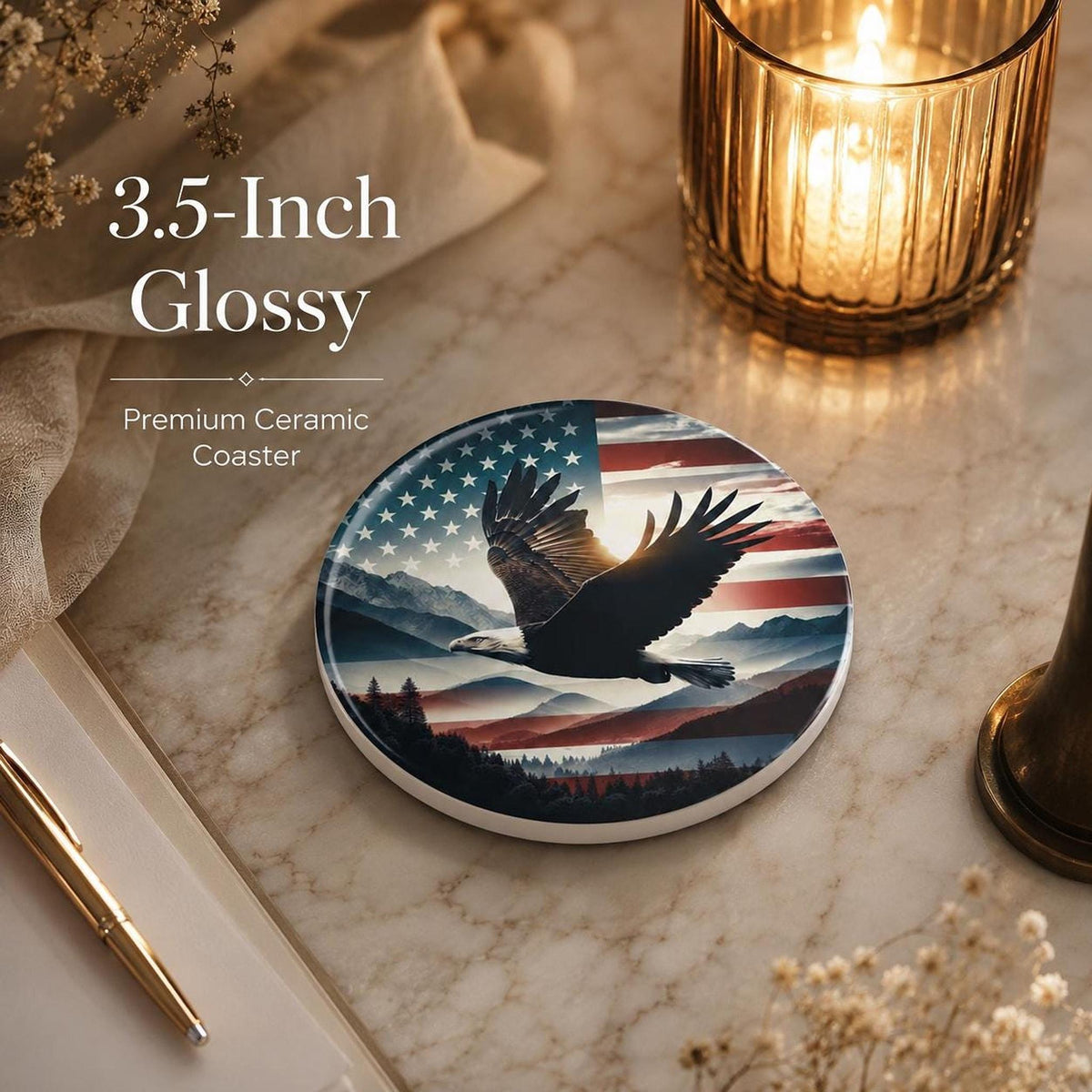Patriotic Coaster with Eagle Design, American Flag Ceramic Drink
