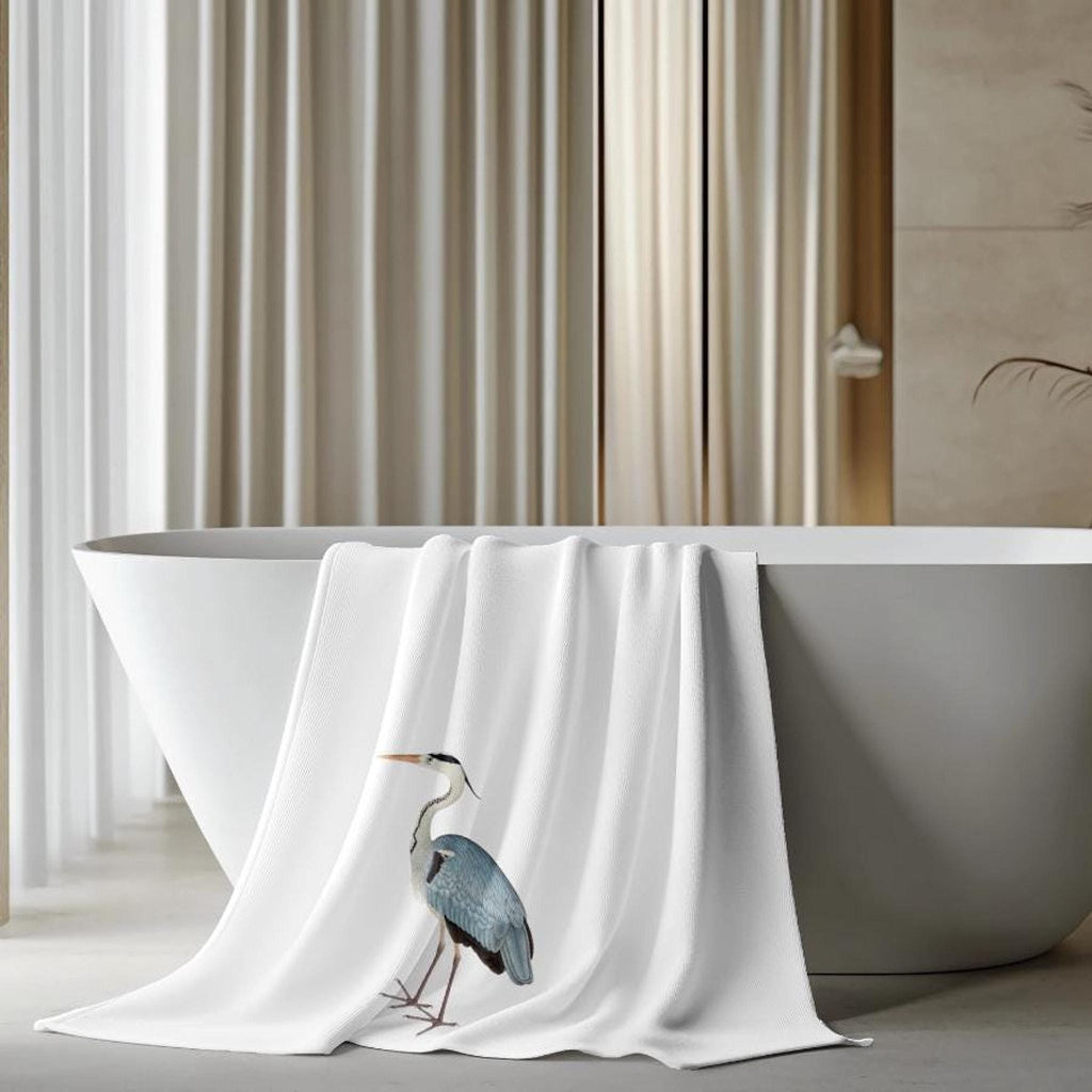 Blue Heron Towel, Elegant Bird Design on Soft Cotton Terrycloth