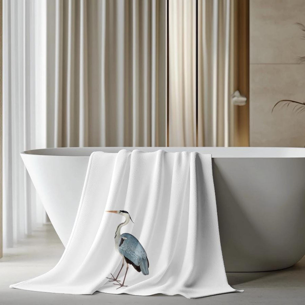 Blue Heron Towel, Elegant Bird Design on Soft Cotton Terrycloth