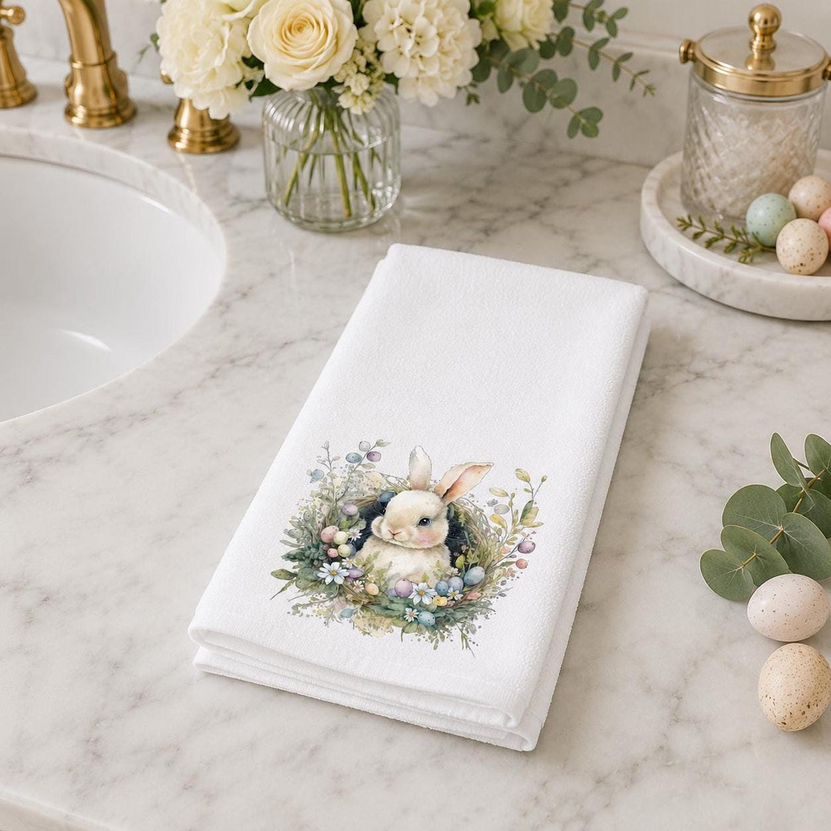 Easter Hand Towel with Bunny and Botanical Wreath, Spring Decor
