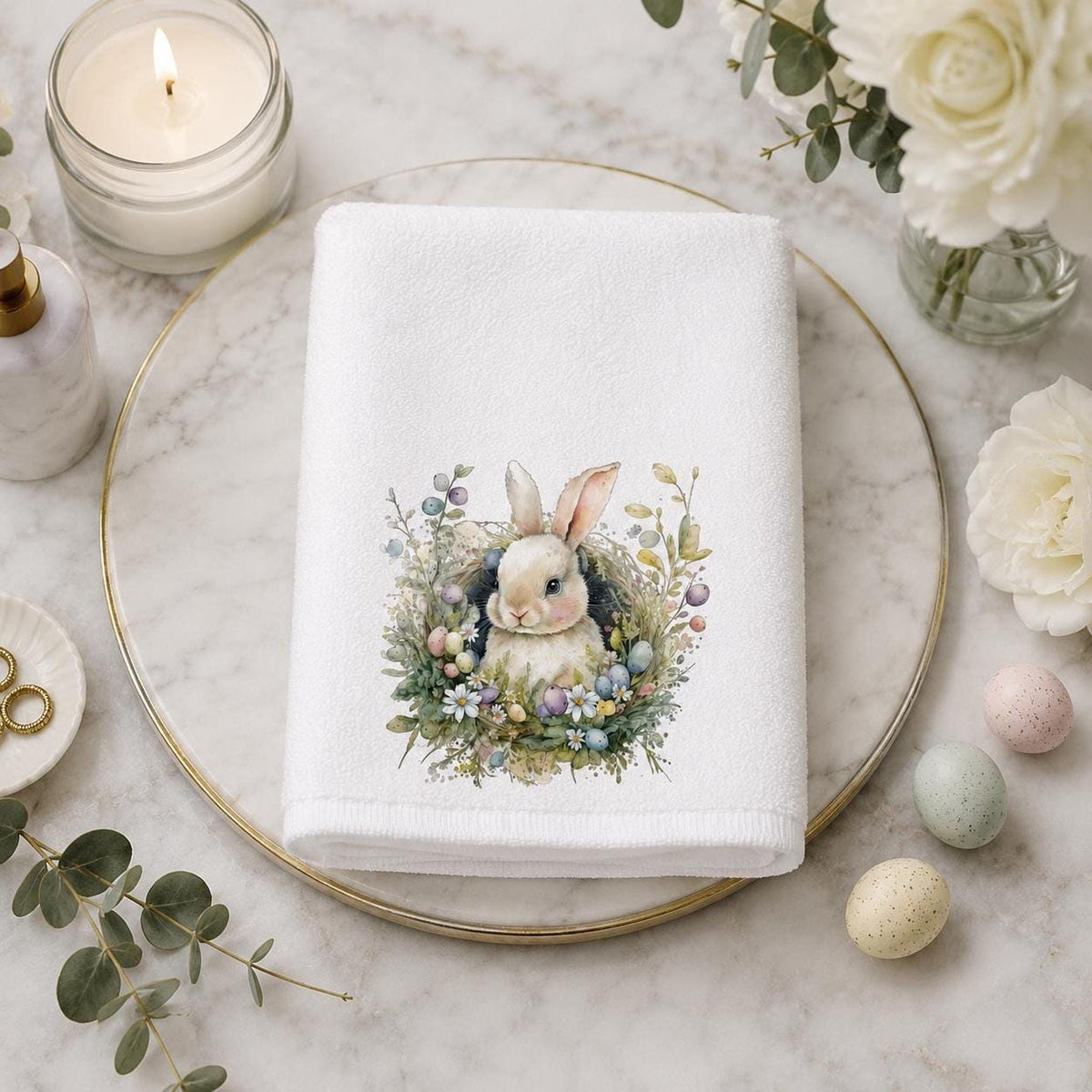 Easter Hand Towel with Bunny and Botanical Wreath, Spring Decor