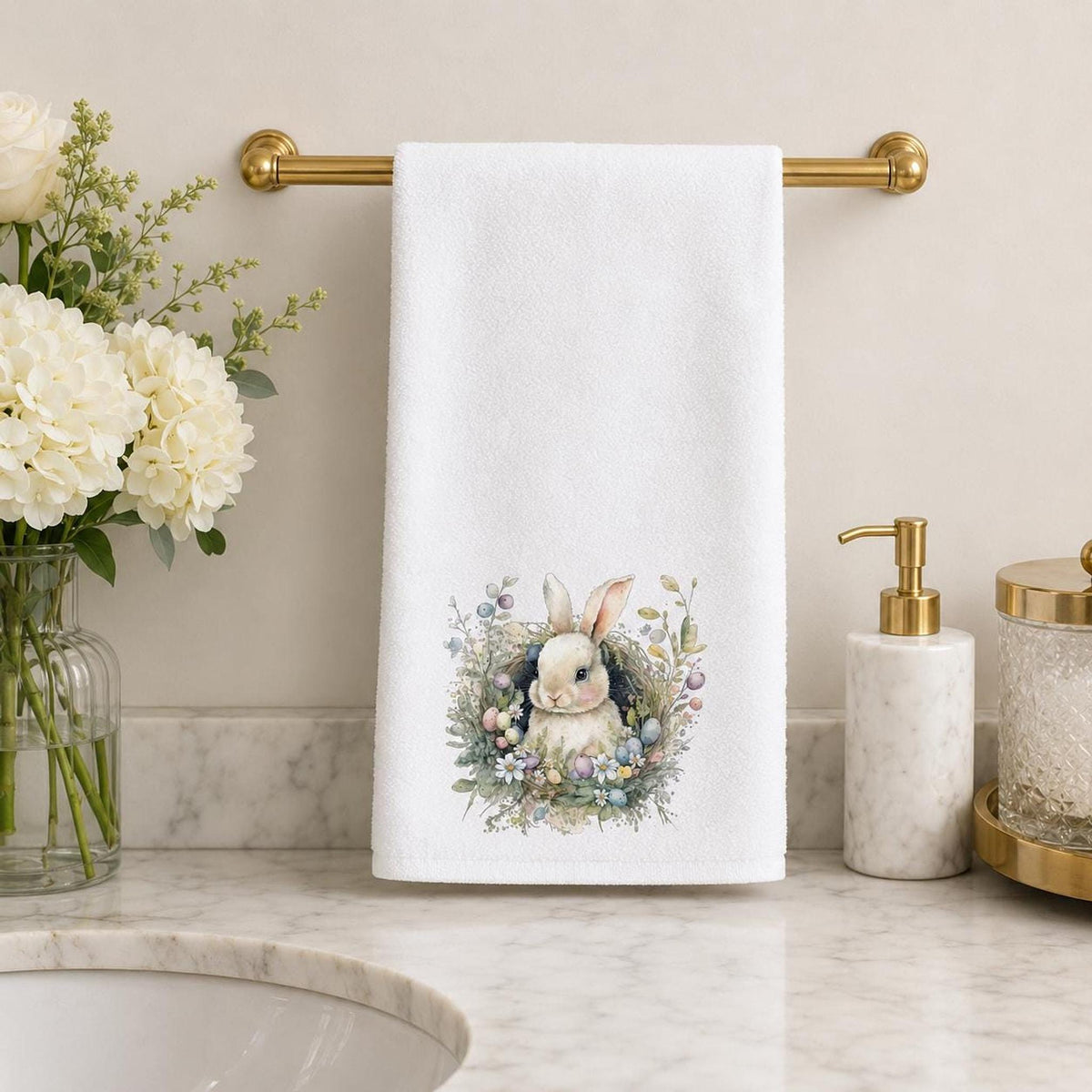 Easter Hand Towel with Bunny and Botanical Wreath, Spring Decor