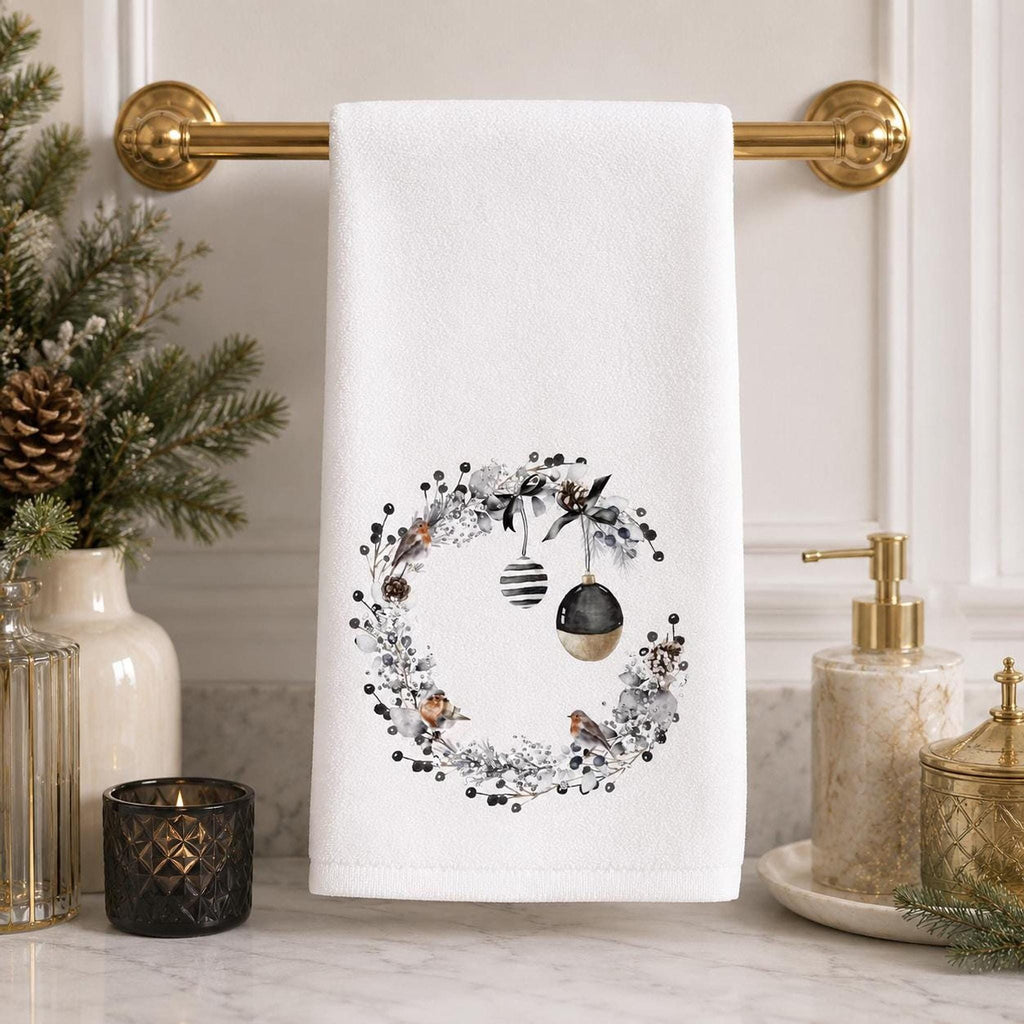 Christmas Hand Towel with Black and Gold Wreath, Winter Bird Bathroom Decor