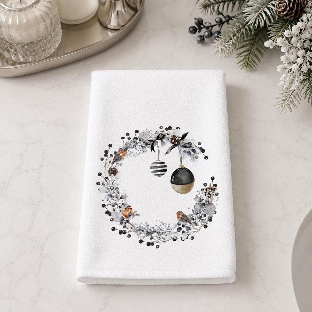 Christmas Hand Towel with Black and Gold Wreath, Winter Bird Bathroom Decor