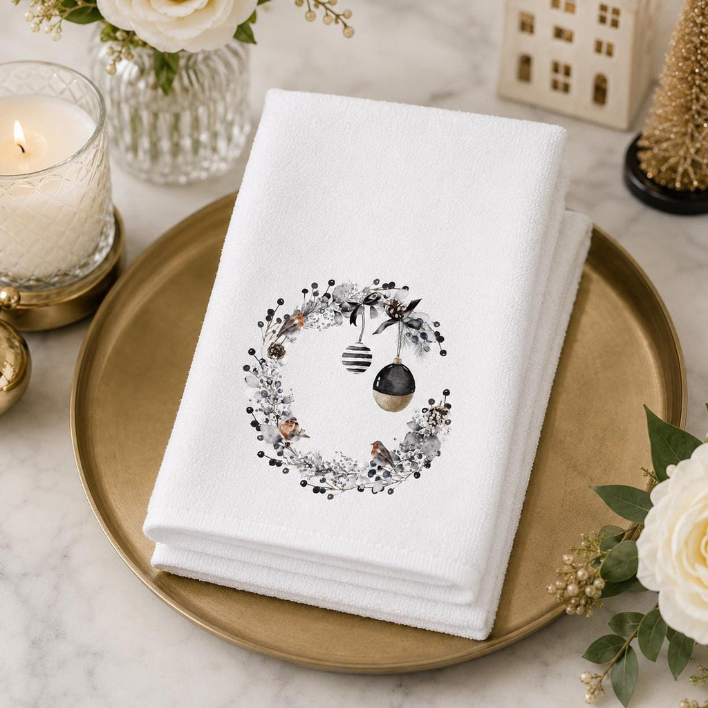 Christmas Hand Towel with Black and Gold Wreath, Winter Bird Bathroom Decor