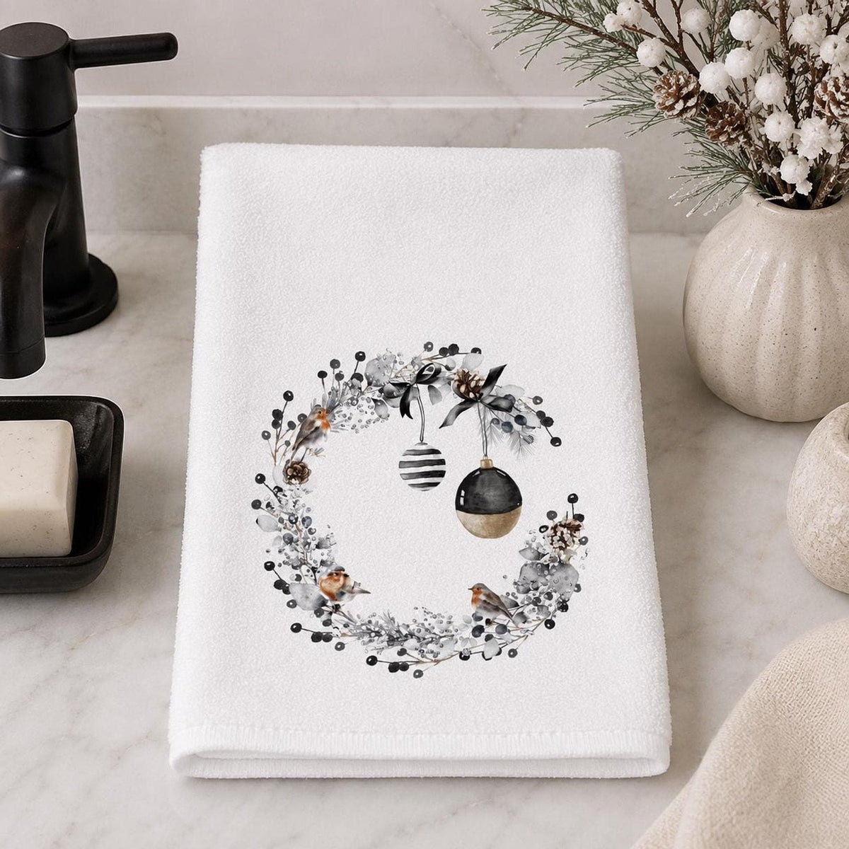 Christmas Hand Towel with Black and Gold Wreath, Winter Bird Bathroom Decor