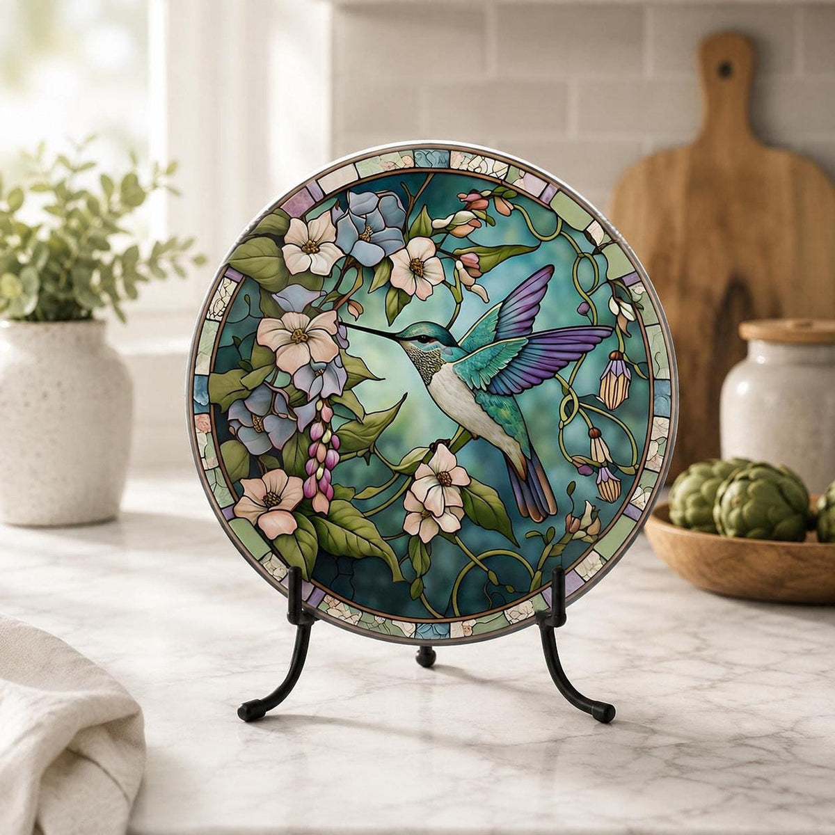 Glass Cutting Board, Round Tempered Hummingbird Design, Charcuterie Use, 8-Inch Or 12-Inch