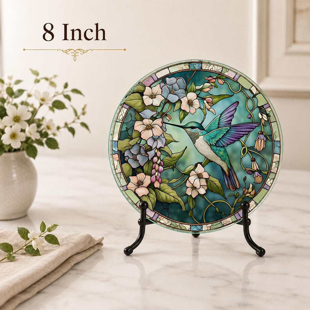 Glass Cutting Board, Round Tempered Hummingbird Design, Charcuterie Use, 8-Inch Or 12-Inch