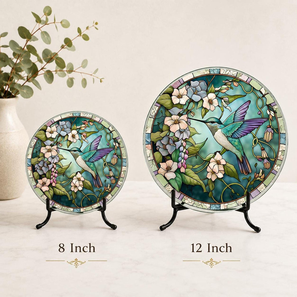 Glass Cutting Board, Round Tempered Hummingbird Design, Charcuterie Use, 8-Inch Or 12-Inch