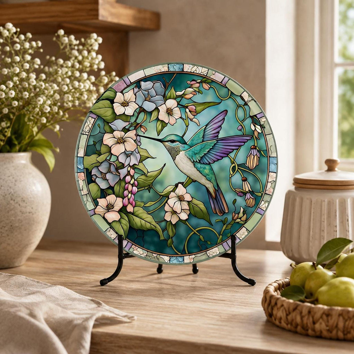 Glass Cutting Board, Round Tempered Hummingbird Design, Charcuterie Use, 8-Inch Or 12-Inch