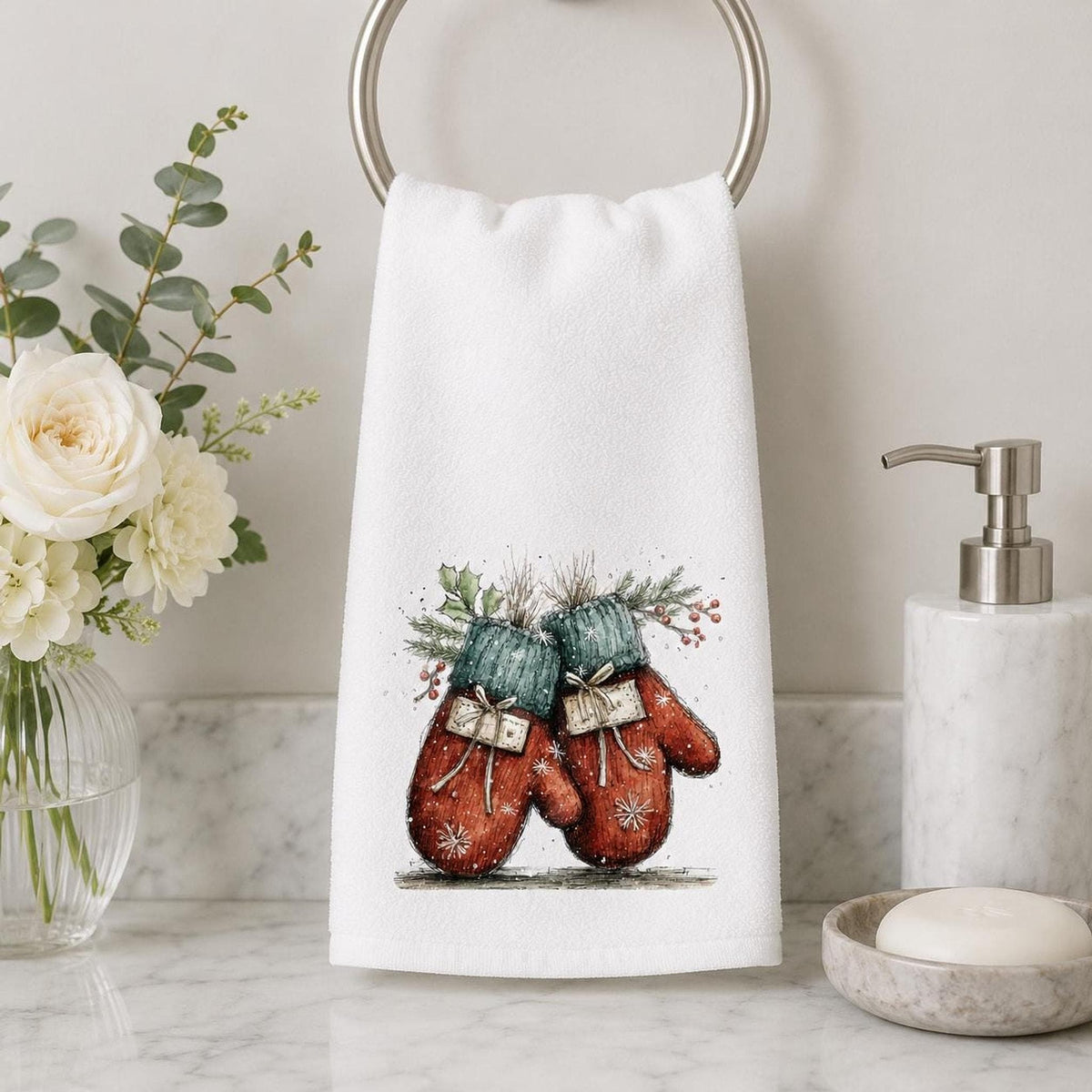 Christmas Towel With Red And Green Mittens, 15 × 25 Inches, Cotton Terry Back