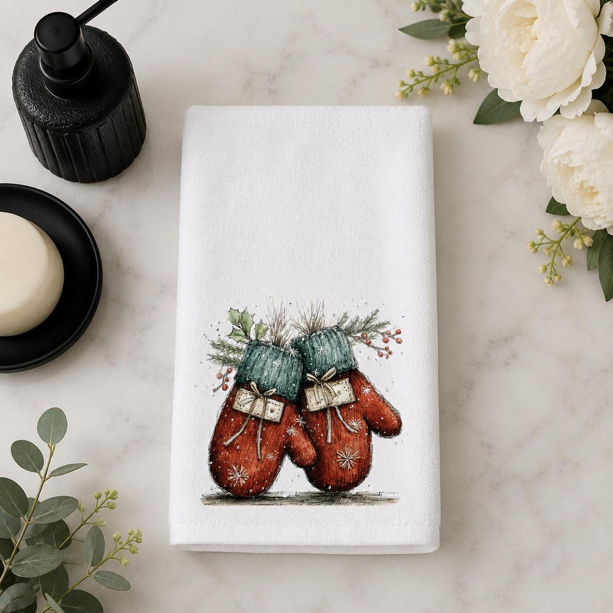 Christmas Towel With Red And Green Mittens, 15 × 25 Inches, Cotton Terry Back