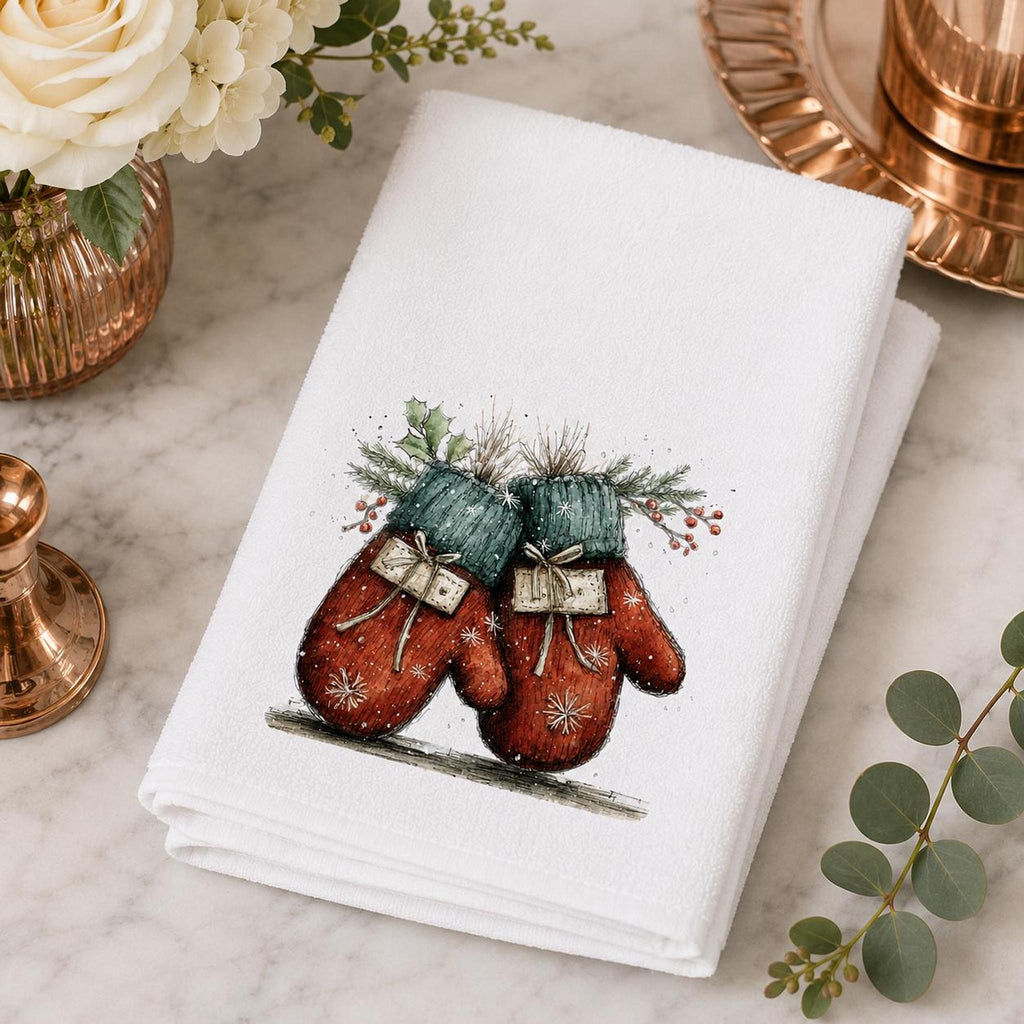 Christmas Towel With Red And Green Mittens, 15 × 25 Inches, Cotton Terry Back