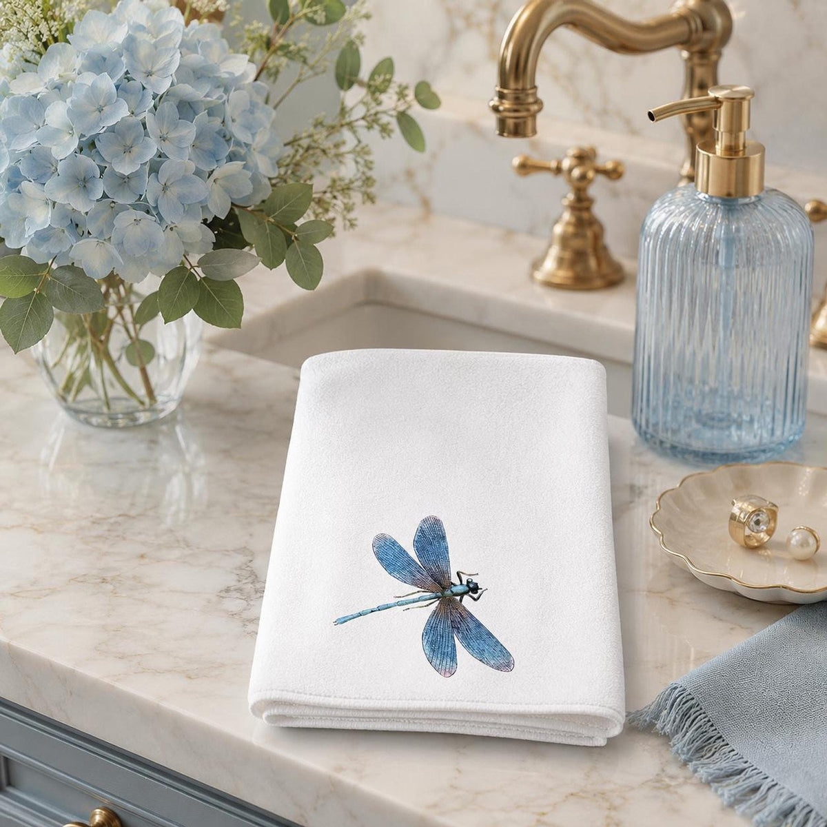 Blue Dragonfly Hand Towel, 15 x 25 Inch With Sheared Polyester Front