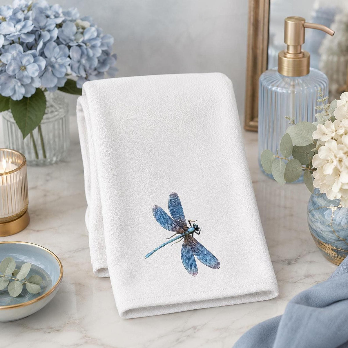 Blue Dragonfly Hand Towel, 15 x 25 Inch With Sheared Polyester Front