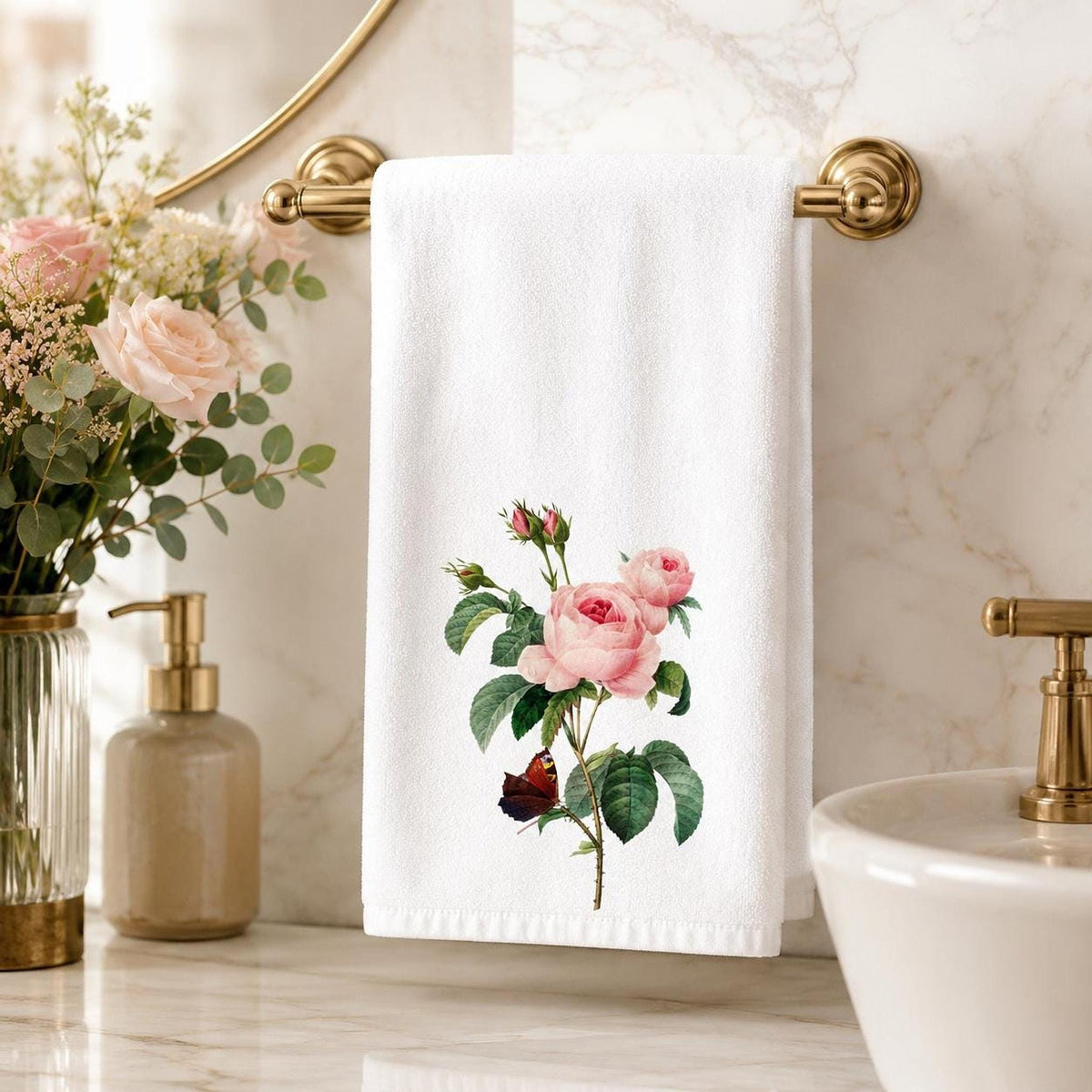 Powder Room Decor Pink Rose Hand Towel, Sheared Polyester Front, Cotton Terrycloth Back