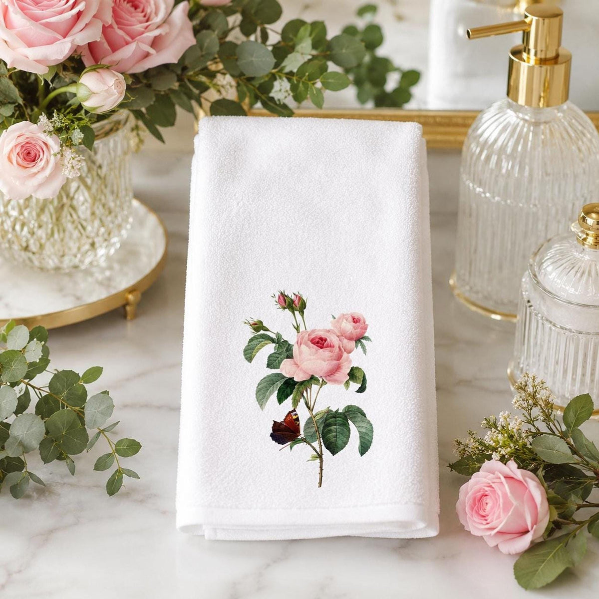 Powder Room Decor Pink Rose Hand Towel, Sheared Polyester Front, Cotton Terrycloth Back