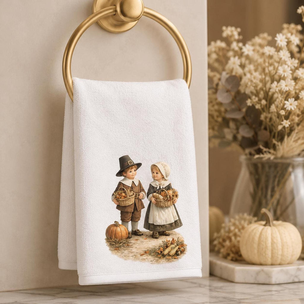 Thanksgiving Fingertip Towel, Pilgrim Children Decor, Autumn Guest Bath Accent, Fall Kitchen Gift