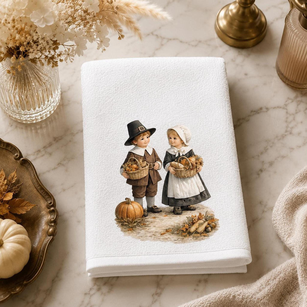 Thanksgiving Fingertip Towel, Pilgrim Children Decor, Autumn Guest Bath Accent, Fall Kitchen Gift